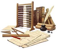 Image contains abacus, piece of papper, ruler, books and ink.